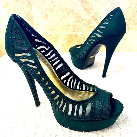 NWOB BEBE Giselle Green suede leather platform heels women’s size 9 - Picture 1 of 9